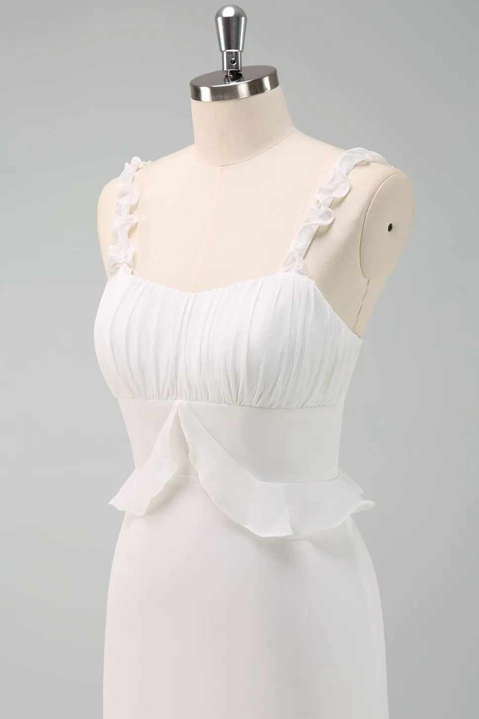 Alças Esparguete Branco Sereia Vestido Longo Baile de Formatura com Folhos