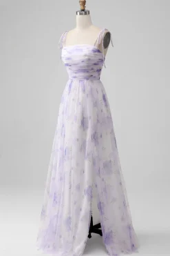 Alças Esparguete Flor Lavanda Uma Linha Longo Vestido Madrinha com Fenda