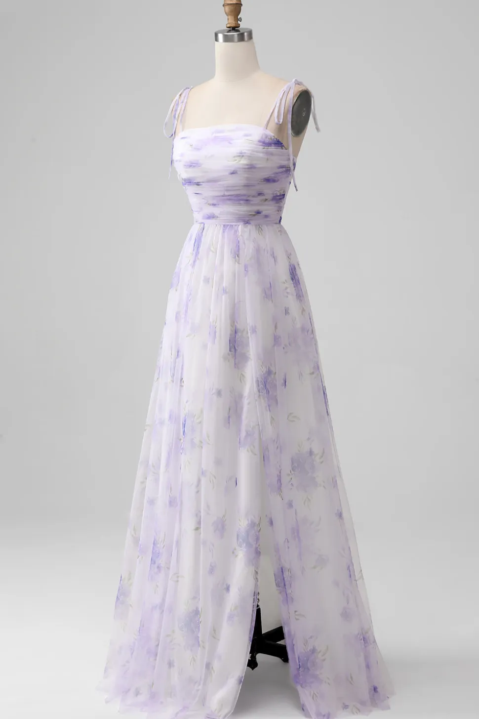 Alças Esparguete Flor Lavanda Uma Linha Longo Vestido Madrinha com Fenda