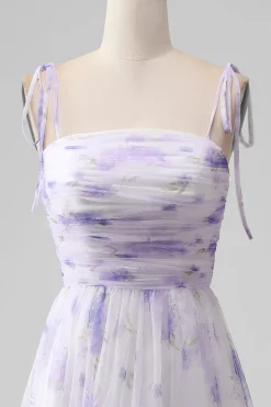 Alças Esparguete Flor Lavanda Uma Linha Longo Vestido Madrinha com Fenda