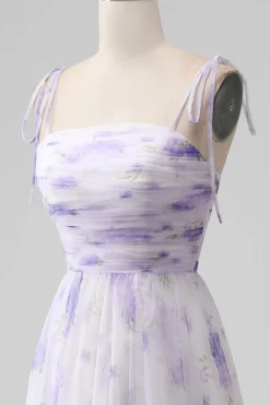 Alças Esparguete Flor Lavanda Uma Linha Longo Vestido Madrinha com Fenda