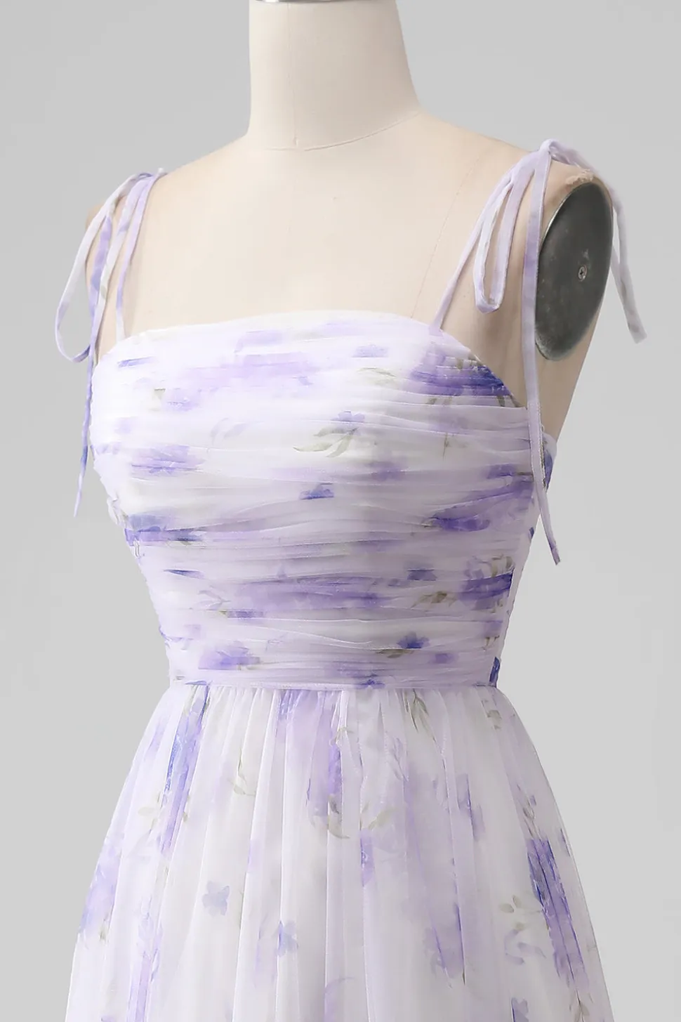 Alças Esparguete Flor Lavanda Uma Linha Longo Vestido Madrinha com Fenda