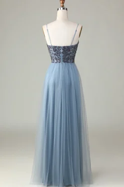 Alças Esparguete Frisado Vestido Azul Empoeirado Madrinha