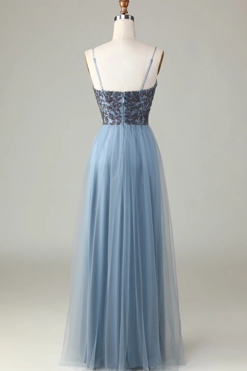 Alças Esparguete Frisado Vestido Azul Empoeirado Madrinha