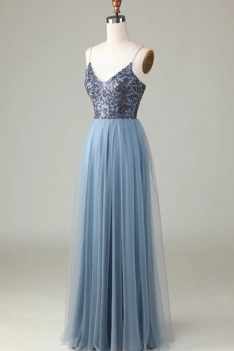 Alças Esparguete Frisado Vestido Azul Empoeirado Madrinha