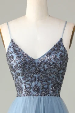Alças Esparguete Frisado Vestido Azul Empoeirado Madrinha