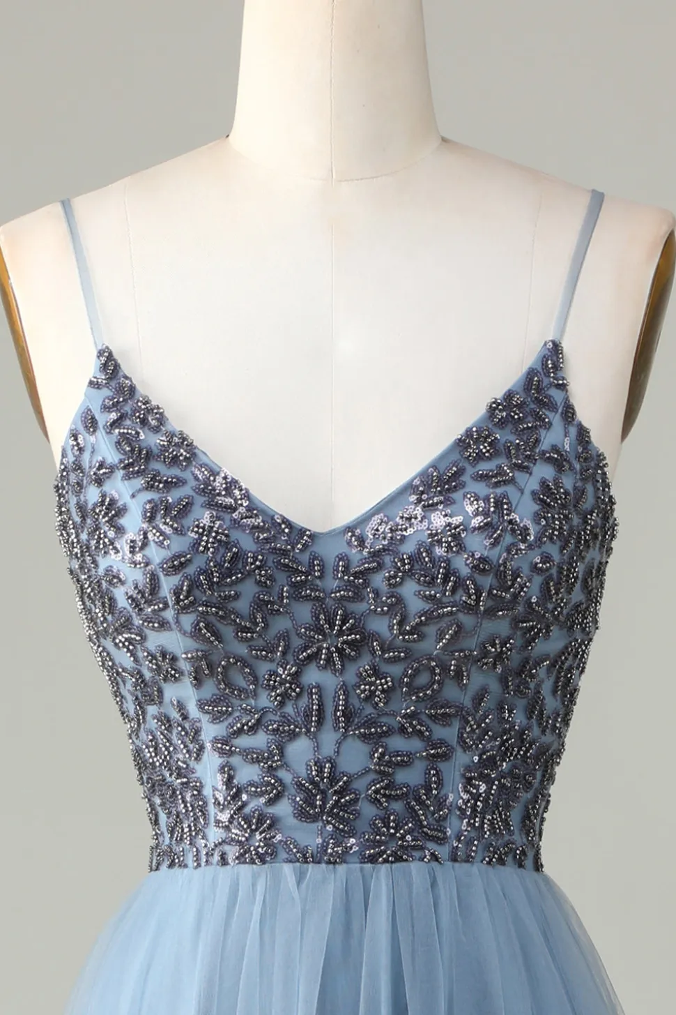 Alças Esparguete Frisado Vestido Azul Empoeirado Madrinha