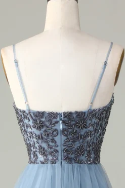Alças Esparguete Frisado Vestido Azul Empoeirado Madrinha