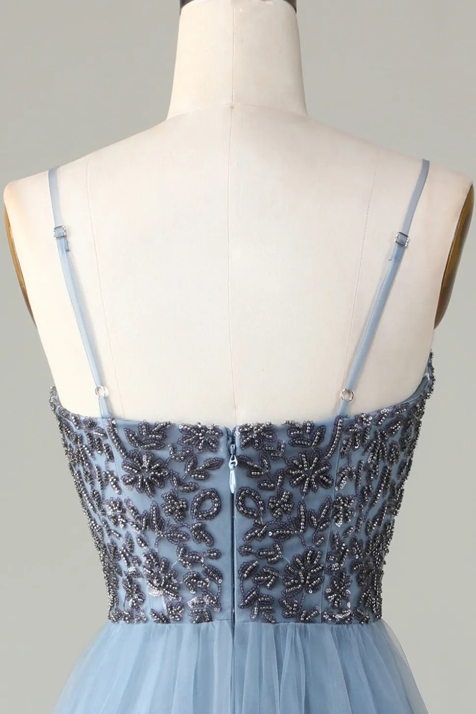 Alças Esparguete Frisado Vestido Azul Empoeirado Madrinha