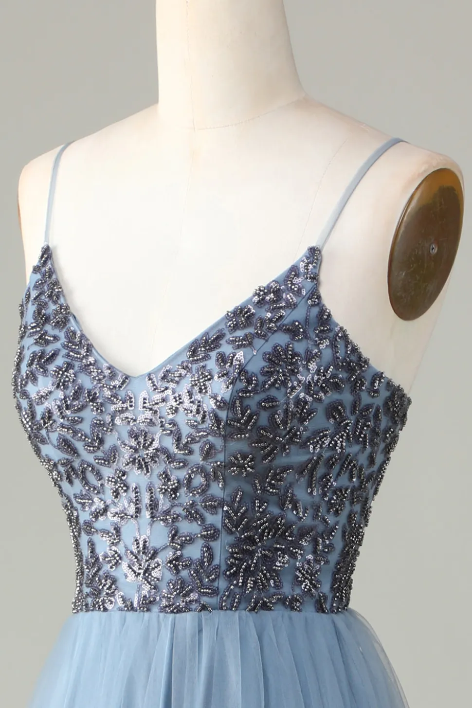Alças Esparguete Frisado Vestido Azul Empoeirado Madrinha