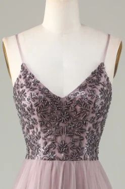 Alças Esparguete Frisado Vestido Azul Empoeirado Madrinha