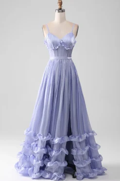 Alças Esparguete Lavanda Uma Linha Folhos Vestido de Baile com Fenda
