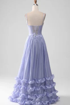 Alças Esparguete Lavanda Uma Linha Folhos Vestido de Baile com Fenda