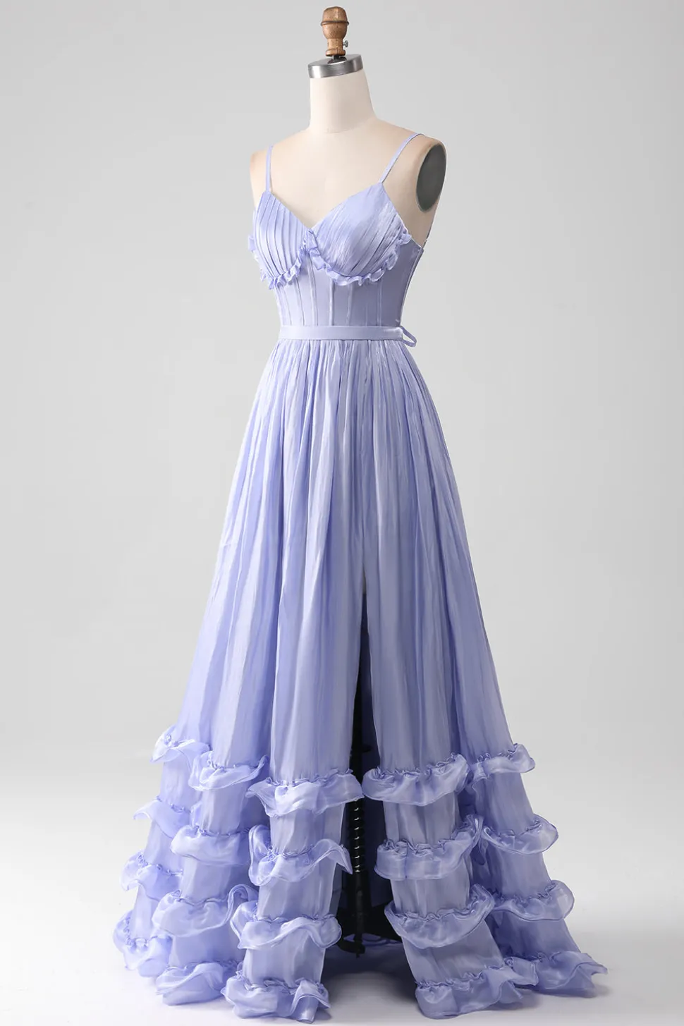 Alças Esparguete Lavanda Uma Linha Folhos Vestido de Baile com Fenda