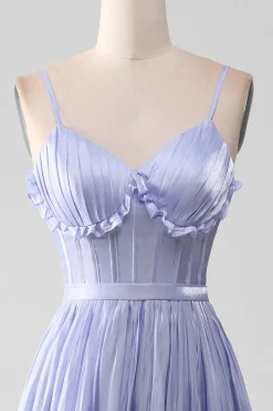 Alças Esparguete Lavanda Uma Linha Folhos Vestido de Baile com Fenda