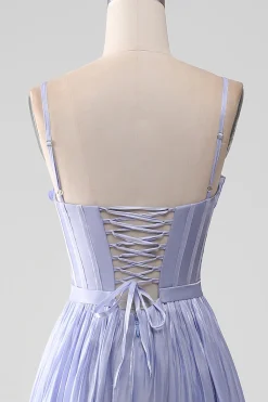 Alças Esparguete Lavanda Uma Linha Folhos Vestido de Baile com Fenda
