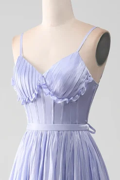 Alças Esparguete Lavanda Uma Linha Folhos Vestido de Baile com Fenda