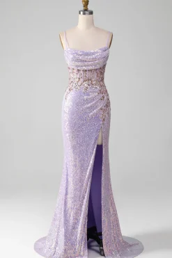 Alças Esparguete Lilás Brilhantes Mermiad Vestido de Baile com Fenda