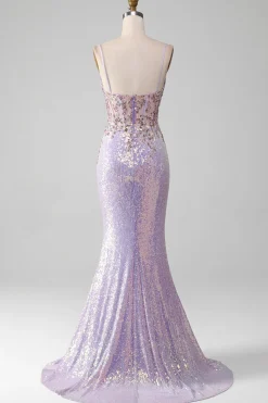 Alças Esparguete Lilás Brilhantes Mermiad Vestido de Baile com Fenda