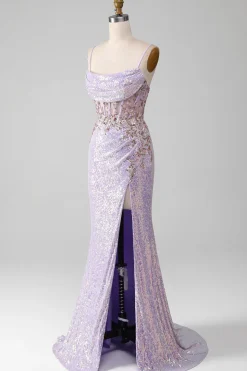 Alças Esparguete Lilás Brilhantes Mermiad Vestido de Baile com Fenda