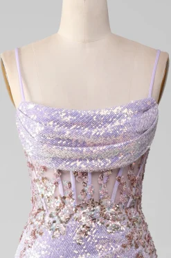 Alças Esparguete Lilás Brilhantes Mermiad Vestido de Baile com Fenda