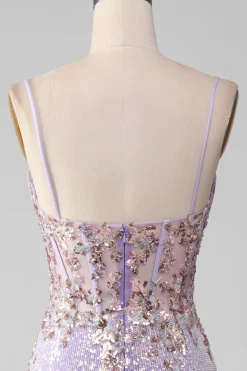 Alças Esparguete Lilás Brilhantes Mermiad Vestido de Baile com Fenda