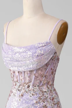 Alças Esparguete Lilás Brilhantes Mermiad Vestido de Baile com Fenda