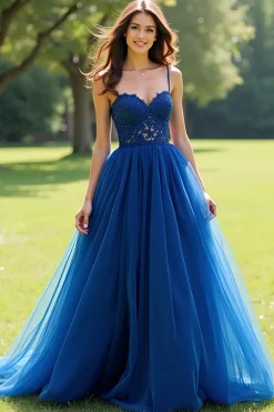Alças Esparguete Marinhas Tule A-Line Long Prom Dress com Apliques