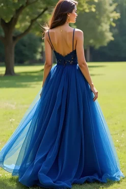 Alças Esparguete Marinhas Tule A-Line Long Prom Dress com Apliques