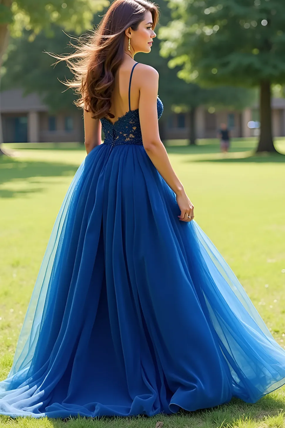 Alças Esparguete Marinhas Tule A-Line Long Prom Dress com Apliques