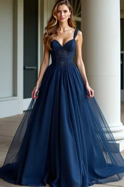 Alças Esparguete Marinhas Uma Linha Renda Vestido Longo Baile