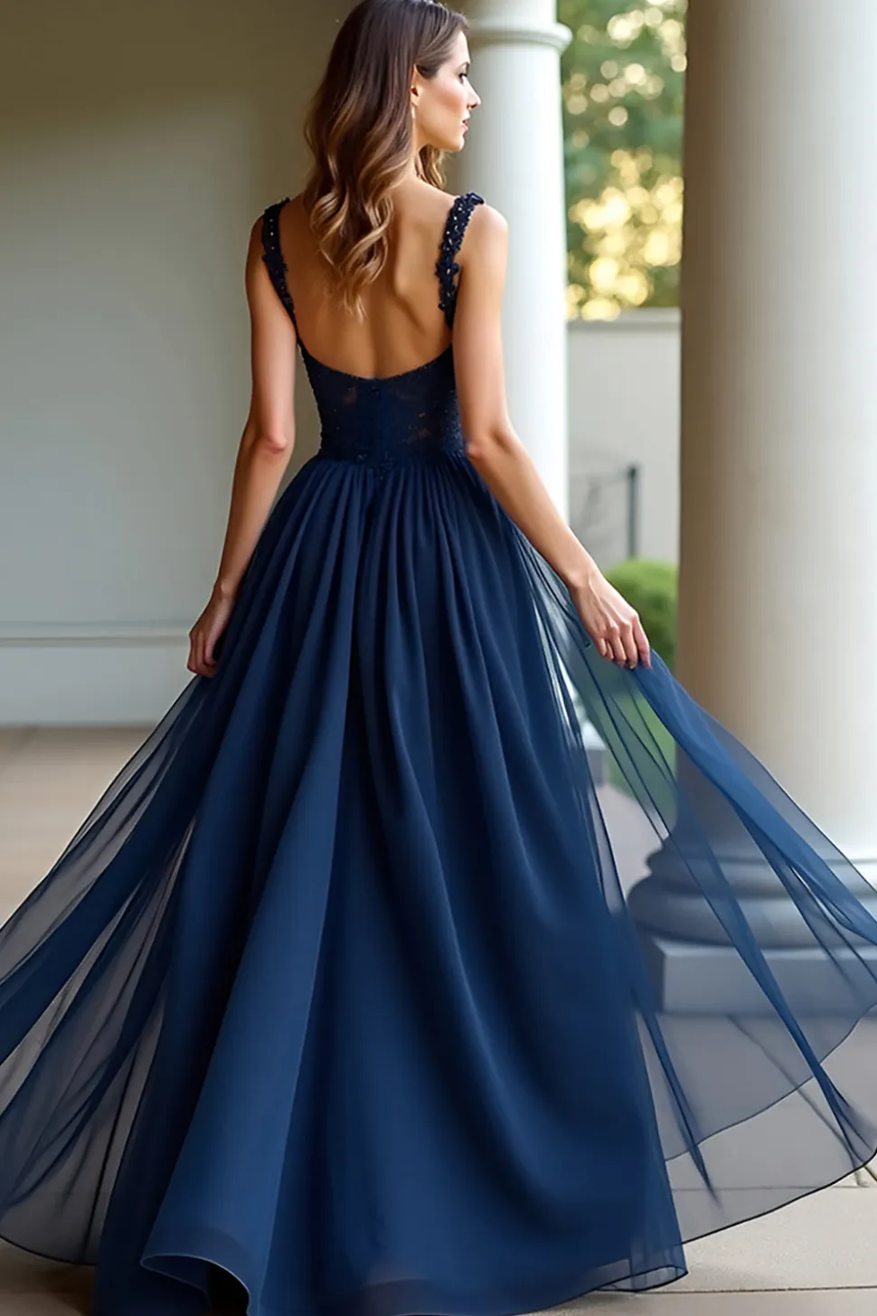 Alças Esparguete Marinhas Uma Linha Renda Vestido Longo Baile