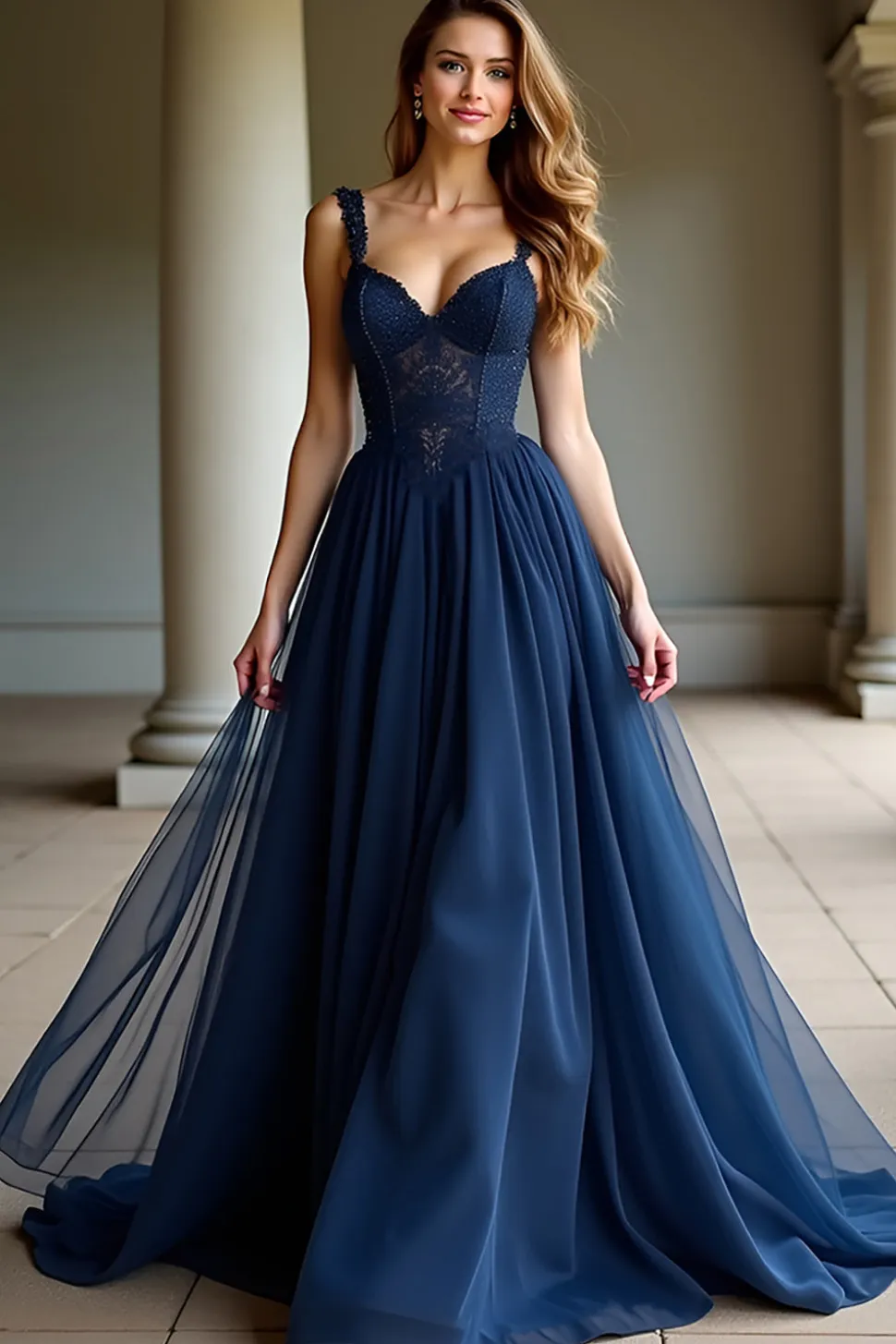 Alças Esparguete Marinhas Uma Linha Renda Vestido Longo Baile