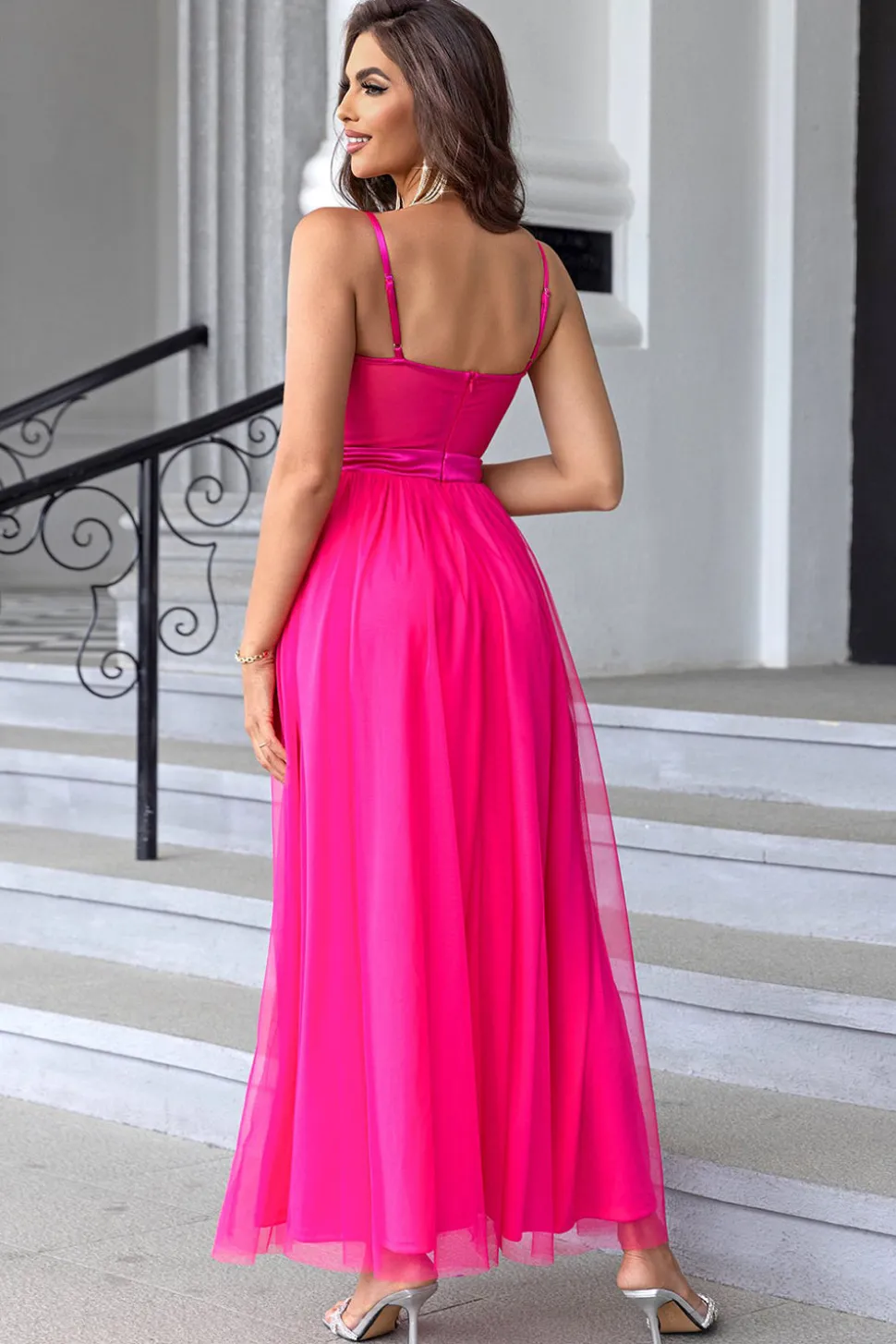 Alças Esparguete Preto Uma Linha Tule Aberto Costas Vestido Longo Baile