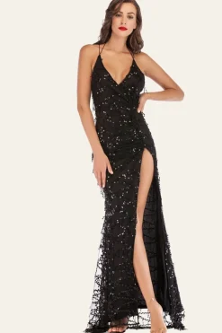 Alças Esparguete Preto V-Neck Backless Fringed Vestido de Lantejoulas Com Fenda