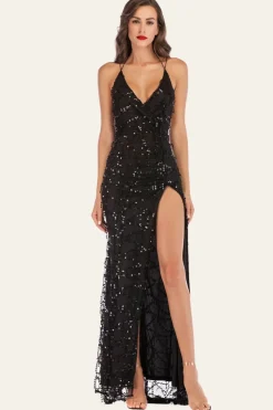 Alças Esparguete Preto V-Neck Backless Fringed Vestido de Lantejoulas Com Fenda