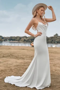 Alças Esparguete Simples Vestido de Noiva Branco com Costas Cruzadas Criss