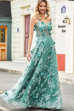 Alças Esparguete Verde Um Vestido de Baile de Formatura de Linha com Apliques