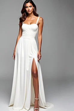 Alças Finas Branco Linha-A Longo Vestidos Cerimónia com Fenda