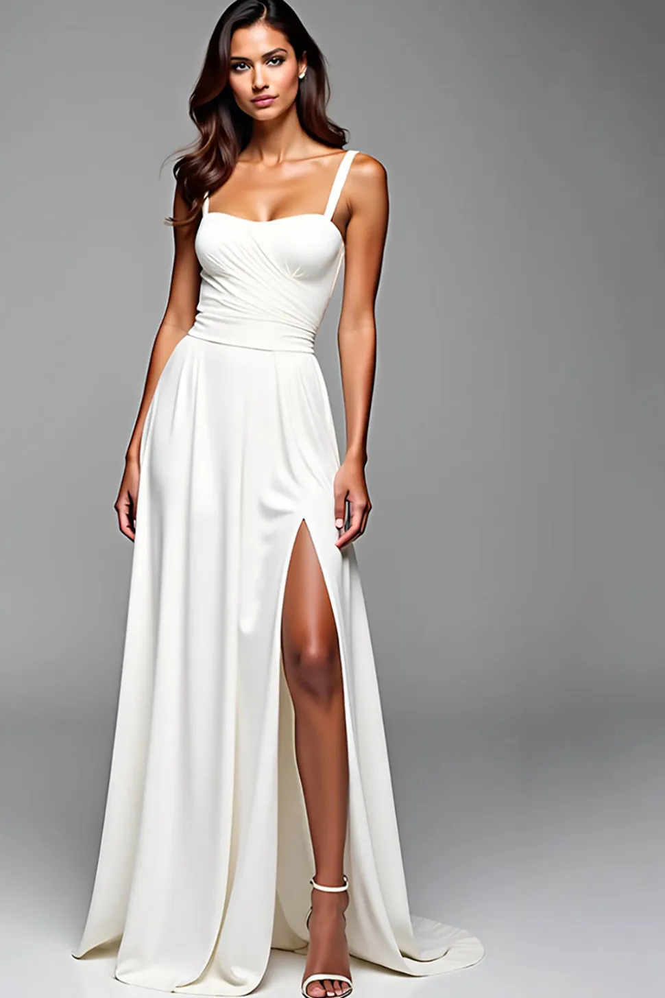 Alças Finas Branco Linha-A Longo Vestidos Cerimónia com Fenda