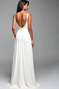 Alças Finas Branco Linha-A Longo Vestidos Cerimónia com Fenda