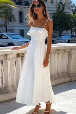 Alças Finas Linha-A Longos Vestidinho Branco
