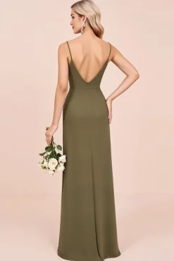 Alças Finas Oliva Bainha Cetim Longo Vestidos Cerimónia com Fenda