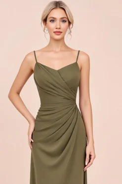 Alças Finas Oliva Bainha Cetim Longo Vestidos Cerimónia com Fenda