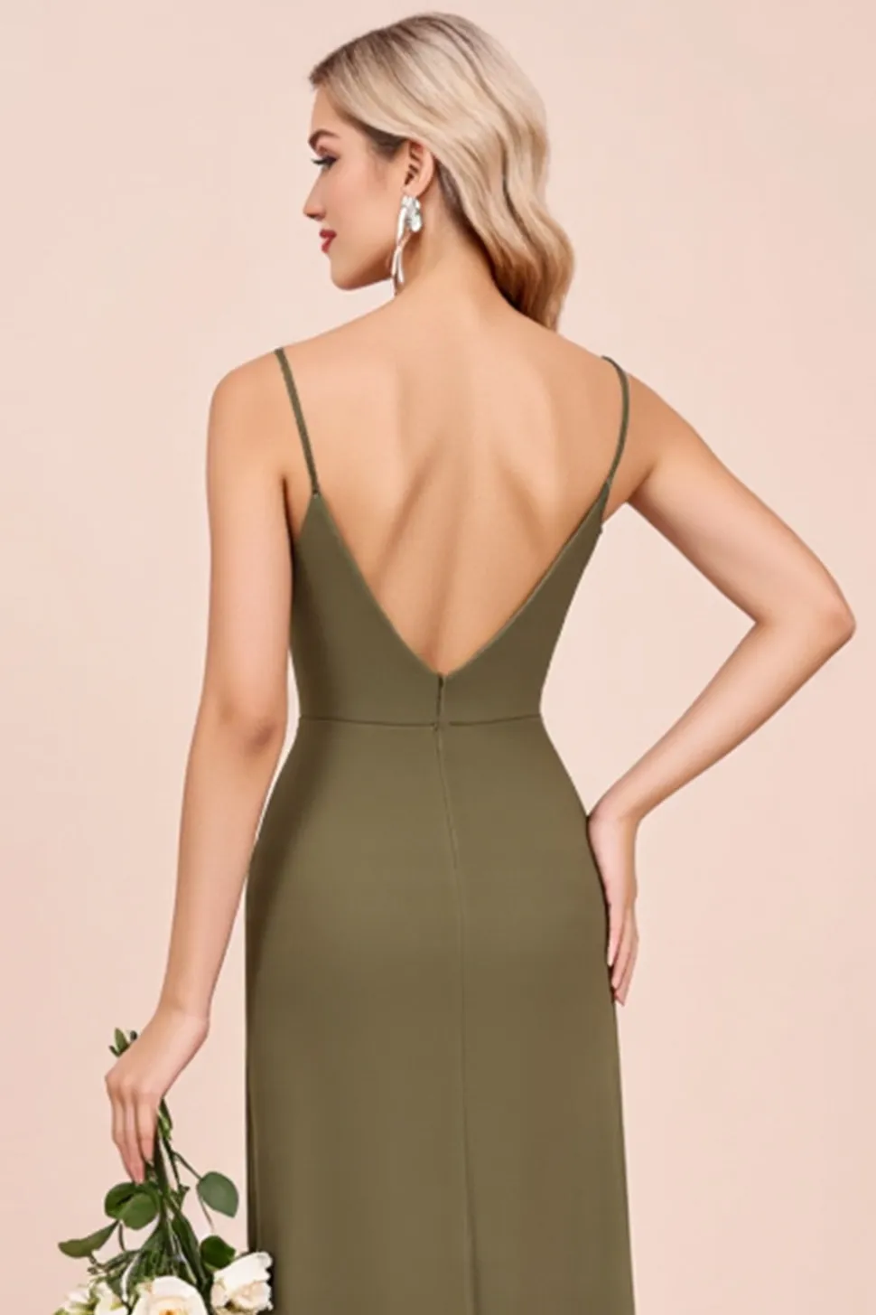 Alças Finas Oliva Bainha Cetim Longo Vestidos Cerimónia com Fenda