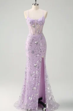 Alças Lilás Esparguete Sereia Corset Vestido de Baile de Lantejoulas