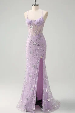Alças Lilás Esparguete Sereia Corset Vestido de Baile de Lantejoulas