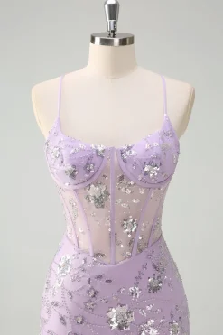 Alças Lilás Esparguete Sereia Corset Vestido de Baile de Lantejoulas