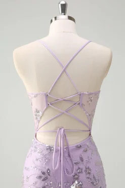 Alças Lilás Esparguete Sereia Corset Vestido de Baile de Lantejoulas