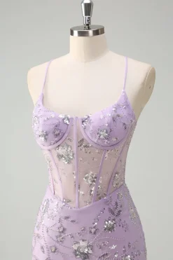 Alças Lilás Esparguete Sereia Corset Vestido de Baile de Lantejoulas